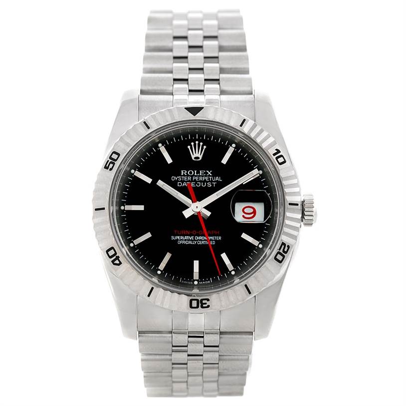 The image shows a Rolex Turn-o-Graph 116264 Men
s Stainless Steel Black Dial 116264 Men
s Stainless Steel Black Dial watch, viewed from a front angle, displaying the face, bezel, crown, and bracelet.