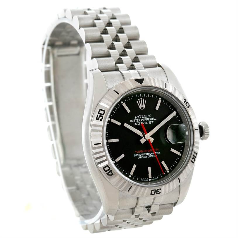 The image shows a Rolex Turn-o-Graph 116264 Men
s Stainless Steel Black Dial 116264 Men
s Stainless Steel Black Dial watch at an angled view, highlighting the face, bezel, and part of the metal bracelet.