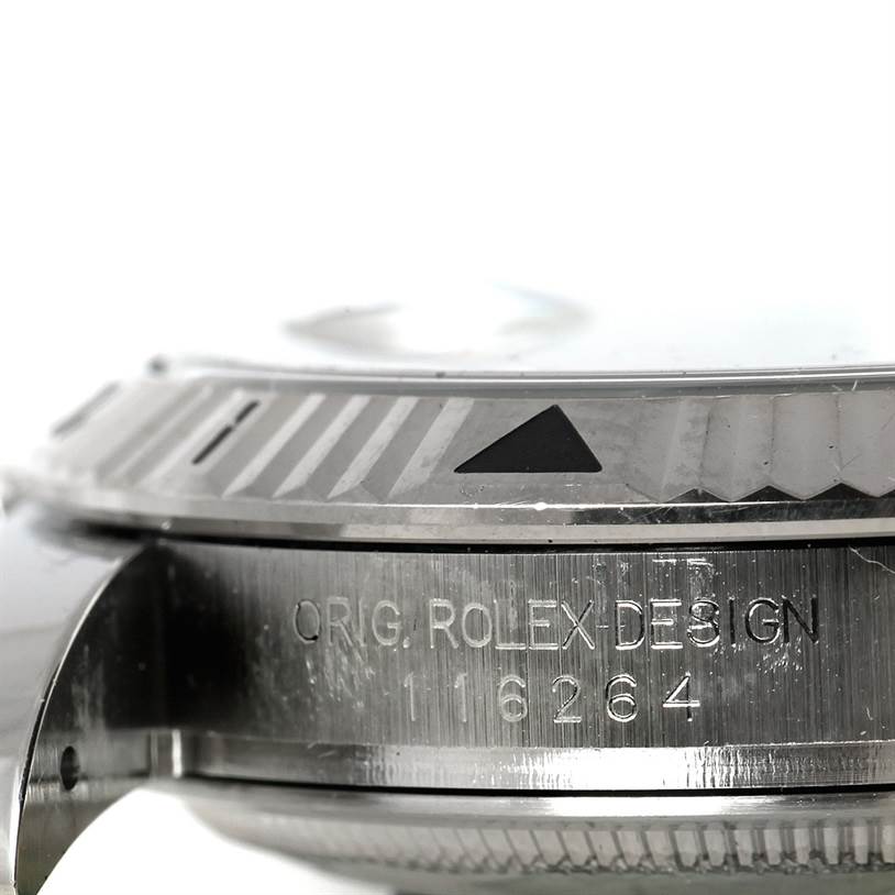 This close-up image shows the side of a Rolex Turn-o-Graph 116264 Men
s Stainless Steel Black Dial 116264 Men
s Stainless Steel Black Dial watch, highlighting the bezel and engraved model number.