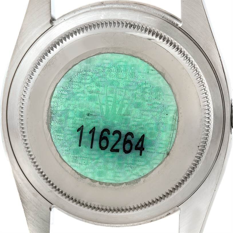 The image shows the back case of a Rolex Turn-o-Graph 116264 Men
s Stainless Steel Black Dial 116264 Men
s Stainless Steel Black Dial watch, featuring the model number 116264.