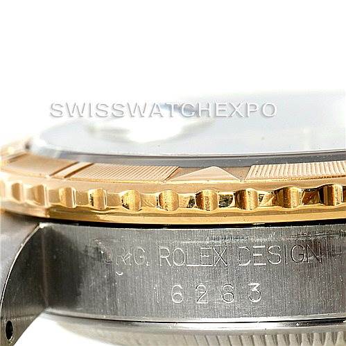 This image shows a close-up side view of the Rolex Turn-o-Graph 16263 Men's Steel and Gold (two tone) Grey Dial 16263 Men's Steel and Gold (two tone) Grey Dial watch, highlighting the bezel and part of the case with the model number 16263.