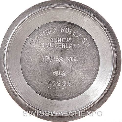 This image shows the caseback of a Rolex Turn-o-Graph 16263 Men's Steel and Gold (two tone) Grey Dial 16263 Men's Steel and Gold (two tone) Grey Dial model, displaying the branding and specifications.