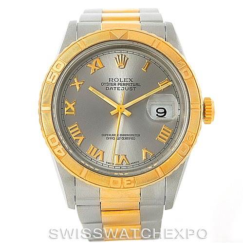 This image shows a front view of a Rolex Turn-o-Graph 16263 Men's Steel and Gold (two tone) Grey Dial 16263 Men's Steel and Gold (two tone) Grey Dial watch, featuring a silver and gold design with a date display.