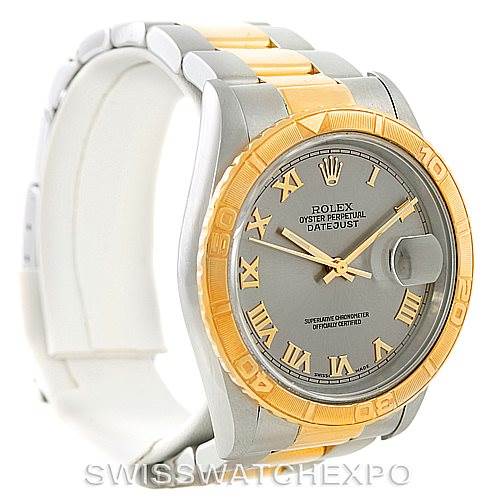 This image shows a Rolex Turn-o-Graph 16263 Men's Steel and Gold (two tone) Grey Dial 16263 Men's Steel and Gold (two tone) Grey Dial watch at a slight angle, highlighting its two-tone band, bezel, and dial.