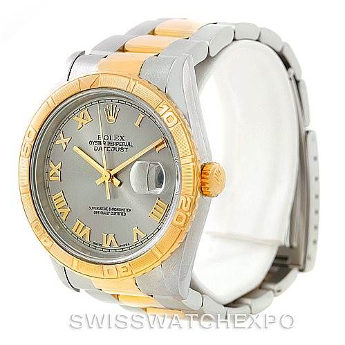 The image shows a Rolex Turn-o-Graph 16263 Men's Steel and Gold (two tone) Grey Dial 16263 Men's Steel and Gold (two tone) Grey Dial watch with a frontal angle highlighting its gold bezel, grey dial, and two-tone bracelet.