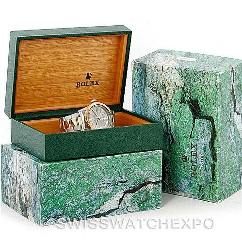 The image shows a Rolex Turn-o-Graph 16263 Men's Steel and Gold (two tone) Grey Dial 16263 Men's Steel and Gold (two tone) Grey Dial watch displayed in an open green and wood Rolex box with an outer green marble-patterned box.