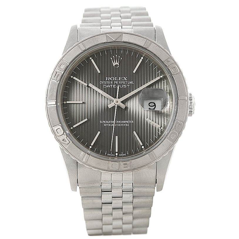 The image shows a front view of the Rolex Turn-o-Graph 16264 Men
s Stainless Steel Grey Dial 16264 Men
s Stainless Steel Grey Dial watch, highlighting the dial, bezel, and bracelet.