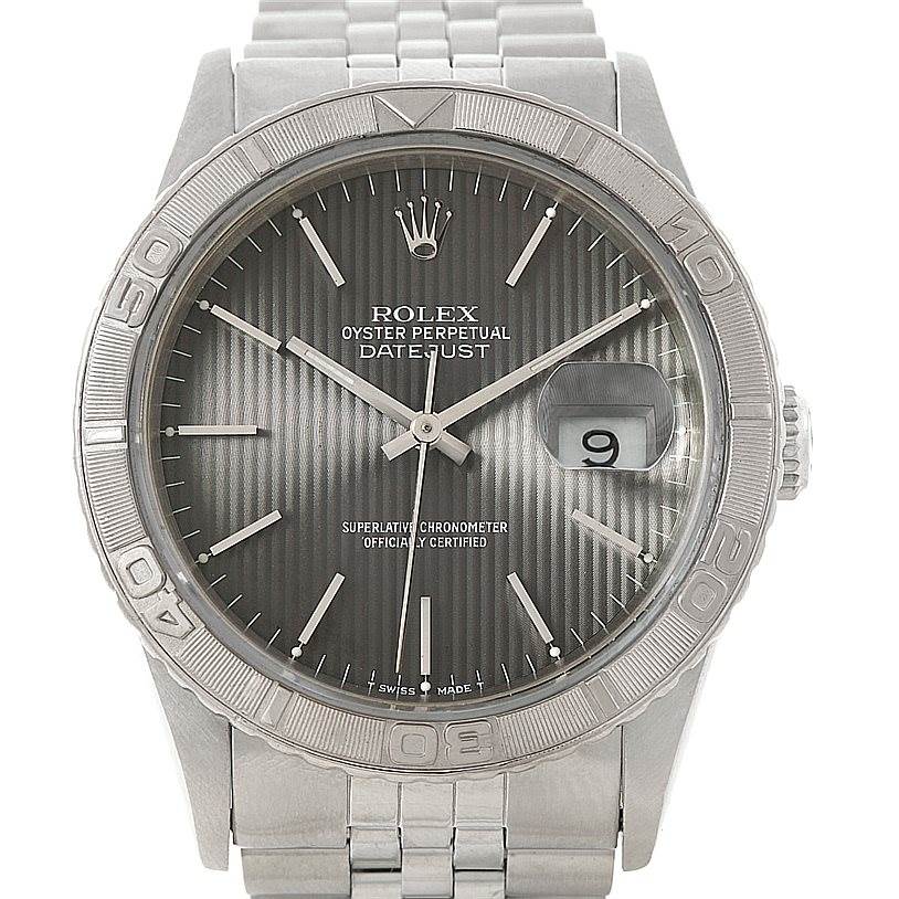 This image shows a front view of the Rolex Turn-o-Graph 16264 Men
s Stainless Steel Grey Dial 16264 Men
s Stainless Steel Grey Dial model, displaying the dial, bezel, date window, bracelet, and crown.