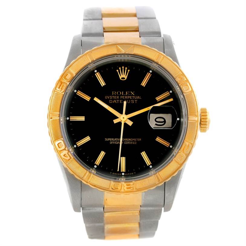 The image shows a front view of a Rolex Turn-o-Graph 16263 Men's Steel and Gold (two tone) Black Dial 16263 Men's Steel and Gold (two tone) Black Dial watch, highlighting its two-tone strap, black dial, and gold bezel.