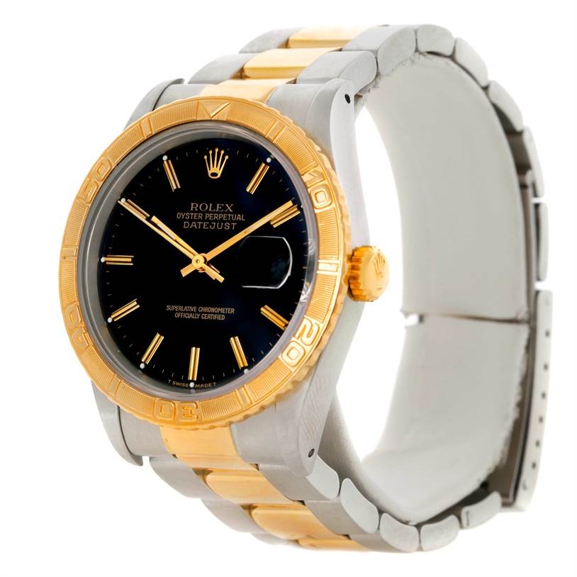 The Rolex Turn-o-Graph 16263 Men's Steel and Gold (two tone) Black Dial 16263 Men's Steel and Gold (two tone) Black Dial watch is shown at a three-quarter angle, displaying the face, bezel, crown, and bracelet.