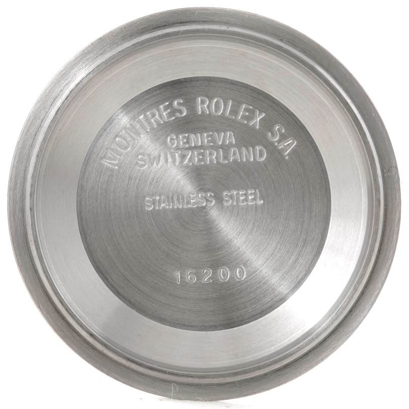 This image shows the stainless steel case back of a Rolex Turn-o-Graph 16263 Men's Steel and Gold (two tone) Black Dial 16263 Men's Steel and Gold (two tone) Black Dial watch, model number 16200, viewed from the inside.