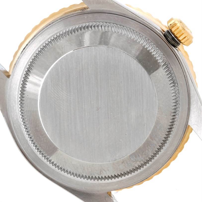 The image shows the back case and crown of a Rolex Turn-o-Graph 16263 Men's Steel and Gold (two tone) Black Dial 16263 Men's Steel and Gold (two tone) Black Dial watch, viewed from the rear.