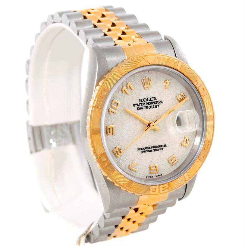 The image shows a Rolex Turn-o-Graph 16263 Men's Steel and Gold (two tone) Beige Dial 16263 Men's Steel and Gold (two tone) Beige Dial watch at a three-quarter angle, highlighting its two-tone band, dial, and bezel.