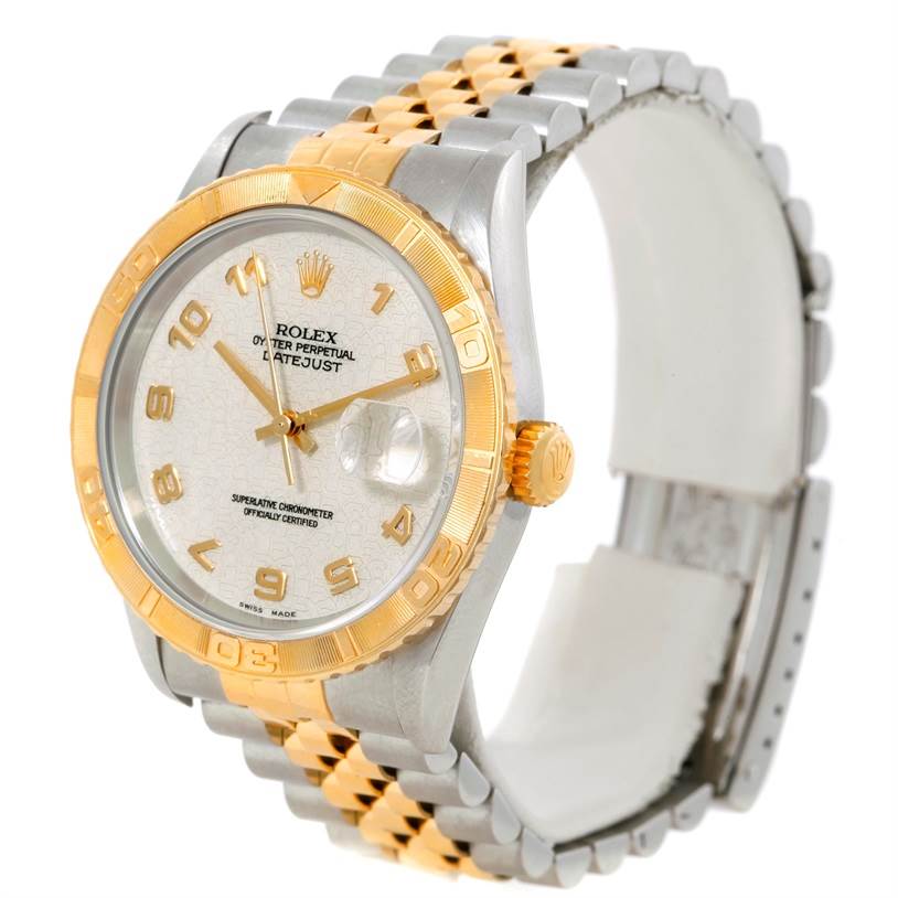 The image shows a Rolex Turn-o-Graph 16263 Men's Steel and Gold (two tone) Beige Dial 16263 Men's Steel and Gold (two tone) Beige Dial model watch angled at three-quarters, displaying its dial, bezel, and bracelet.