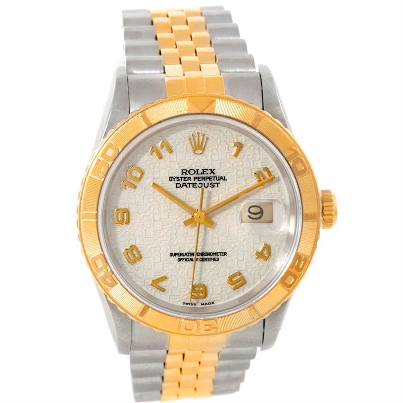 This image shows a frontal view of a Rolex Turn-o-Graph 16263 Men's Steel and Gold (two tone) Beige Dial 16263 Men's Steel and Gold (two tone) Beige Dial watch featuring a gold and silver bracelet and a gold bezel.