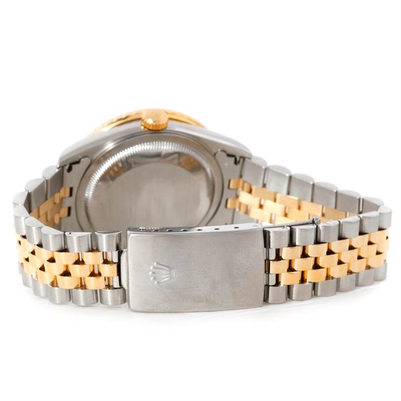 The image shows the back view of a Rolex Turn-o-Graph 16263 Men's Steel and Gold (two tone) Beige Dial 16263 Men's Steel and Gold (two tone) Beige Dial watch, highlighting its case back and two-tone bracelet and clasp.