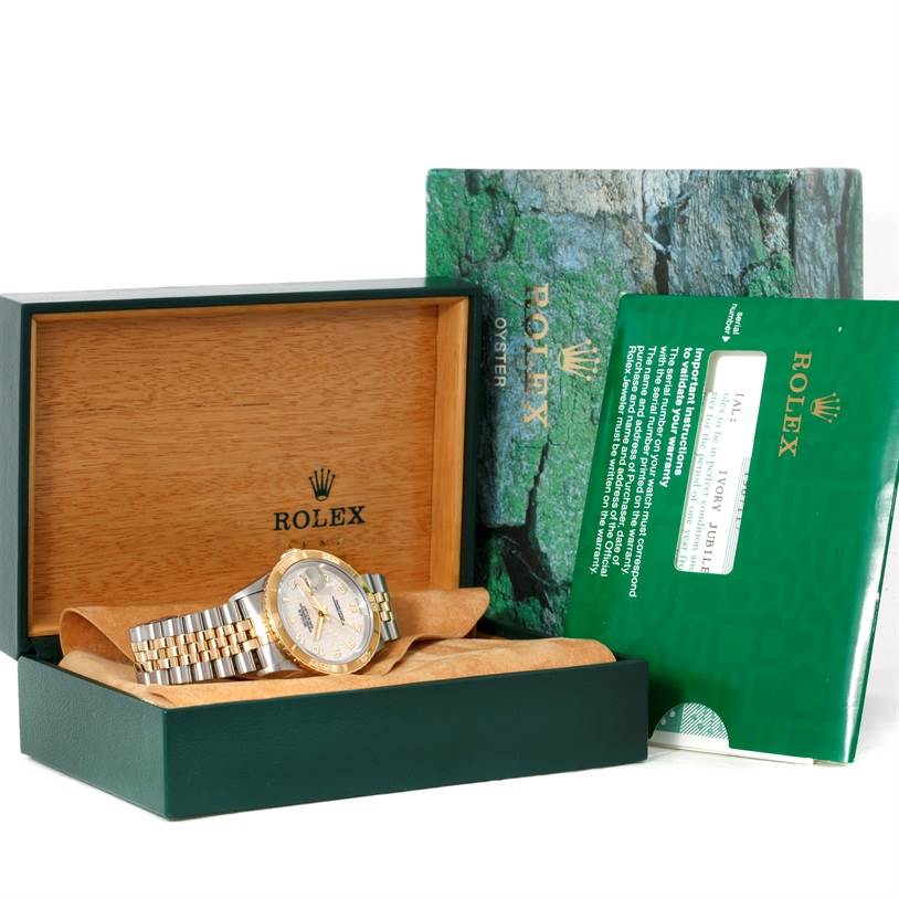 The image shows a Rolex Turn-o-Graph 16263 Men's Steel and Gold (two tone) Beige Dial 16263 Men's Steel and Gold (two tone) Beige Dial watch in its open box along with its documentation and packaging.