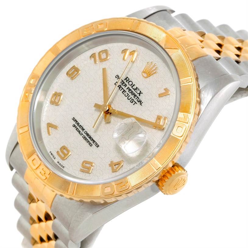 This image shows a close-up, angled view of a Rolex Turn-o-Graph 16263 Men's Steel and Gold (two tone) Beige Dial 16263 Men's Steel and Gold (two tone) Beige Dial watch, featuring its face, bezel, and part of the band.