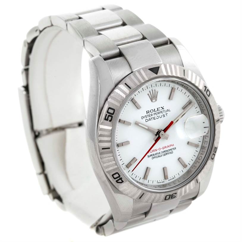 The image shows a Rolex Turn-o-Graph 116264 Men
s Stainless Steel White Dial 116264 Men
s Stainless Steel White Dial watch at a slight angle, displaying the face, bezel, and upper part of the metal bracelet.