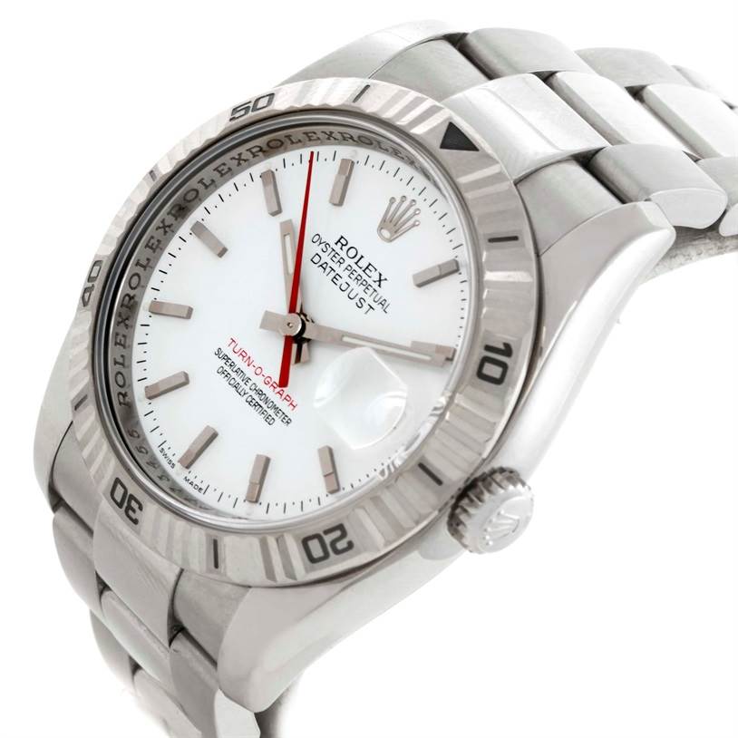 The image shows a close-up, angled view of a Rolex Turn-o-Graph 116264 Men
s Stainless Steel White Dial 116264 Men
s Stainless Steel White Dial watch face, including the bezel, crown, and part of the bracelet.