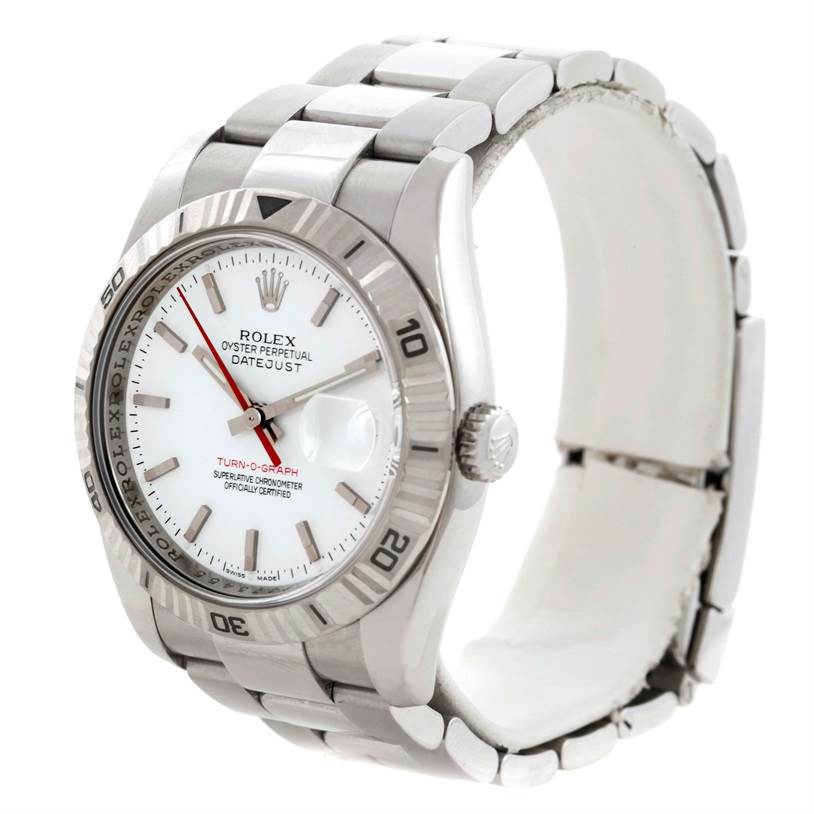 The Rolex Turn-o-Graph 116264 Men
s Stainless Steel White Dial 116264 Men
s Stainless Steel White Dial watch is shown at a slight angle, highlighting its face, bezel, crown, and bracelet.