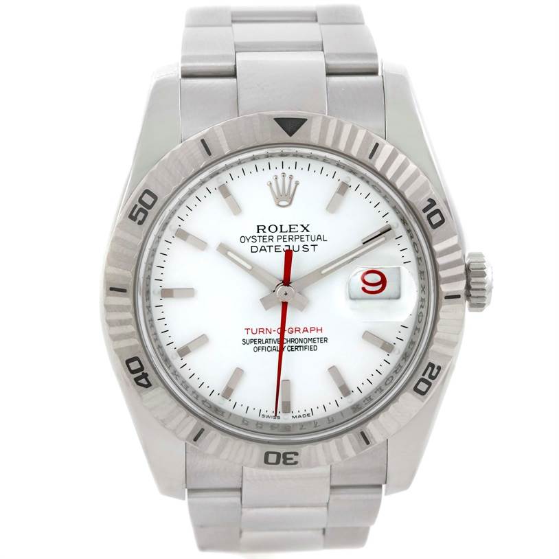 The image shows a front view of a Rolex Turn-o-Graph 116264 Men
s Stainless Steel White Dial 116264 Men
s Stainless Steel White Dial watch, featuring the dial, bezel, and part of the bracelet.