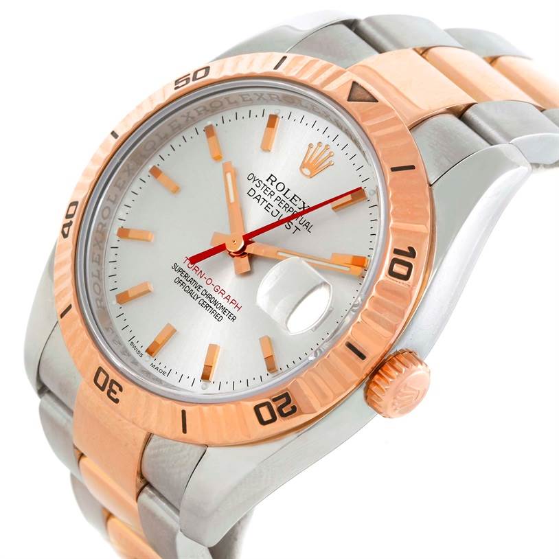 The image shows a Rolex Turn-o-Graph 116261 Men
s Stainless Steel Silver Dial 116261 Men
s Stainless Steel Silver Dial watch at an angled close-up, featuring the dial, bezel, crown, and part of the bracelet.