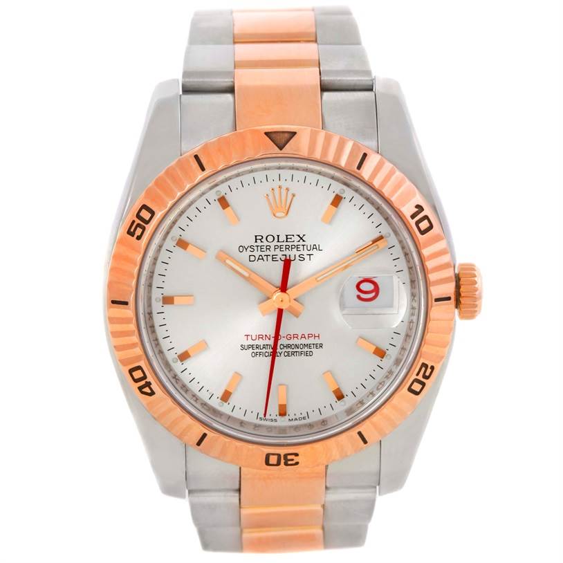 The image shows a front view of the Rolex Turn-o-Graph 116261 Men
s Stainless Steel Silver Dial 116261 Men
s Stainless Steel Silver Dial watch, highlighting the bezel, dial, hands, and bracelet.