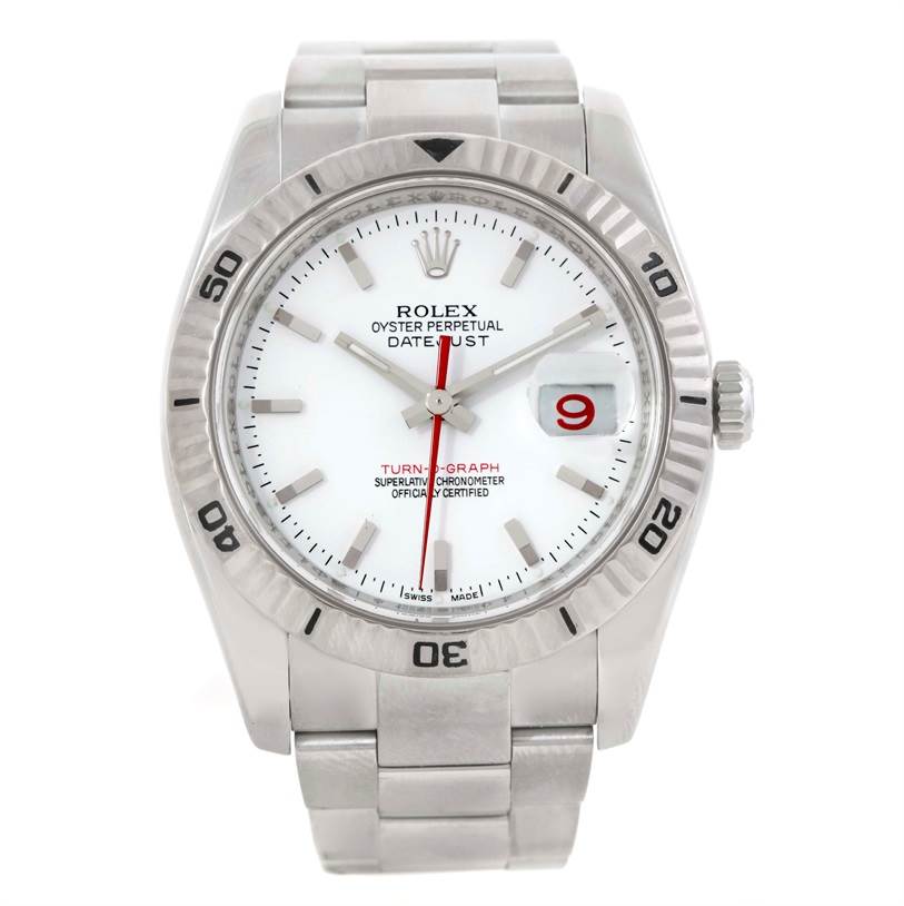 The image shows a front view of a Rolex Turn-o-Graph 116264 Men's Stainless Steel White Dial 116264 Men's Stainless Steel White Dial watch, displaying its entire face and bracelet.