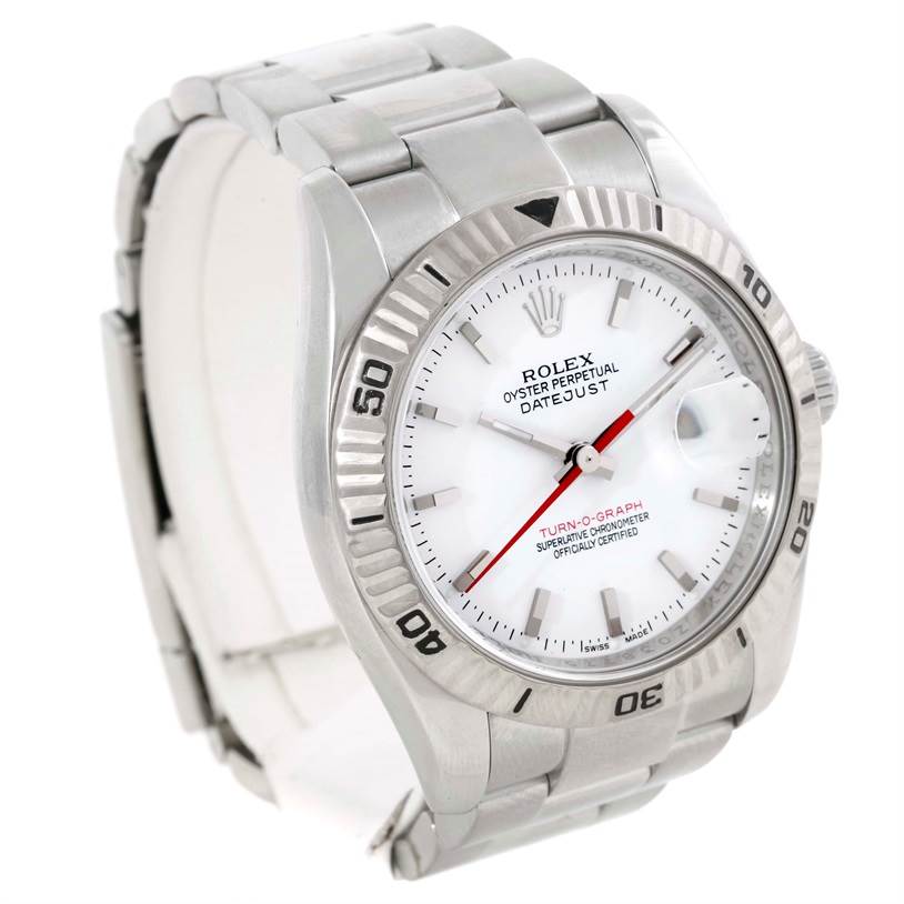 This image shows a Rolex Turn-o-Graph 116264 Men's Stainless Steel White Dial 116264 Men's Stainless Steel White Dial watch at a slight angled view, displaying its dial, bezel, and a portion of its metal bracelet.