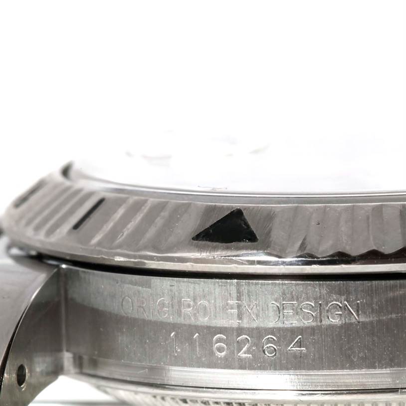 The image shows a close-up side view of a Rolex Turn-o-Graph 116264 Men's Stainless Steel White Dial 116264 Men's Stainless Steel White Dial watch, highlighting the bezel and part of the case with the model number.