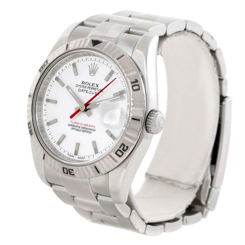 This Rolex Turn-o-Graph 116264 Men's Stainless Steel White Dial 116264 Men's Stainless Steel White Dial watch is shown at a three-quarter angle, displaying its face, bezel, crown, and bracelet.