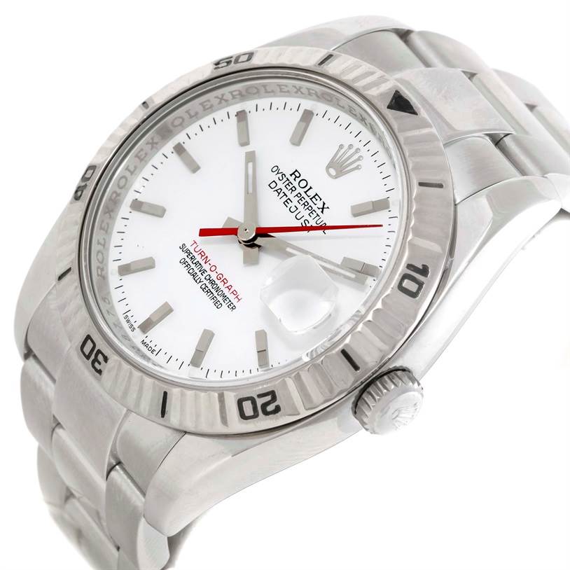 The image shows a Rolex Turn-o-Graph 116264 Men's Stainless Steel White Dial 116264 Men's Stainless Steel White Dial watch angled to display its bezel, dial, crown, and part of the bracelet.