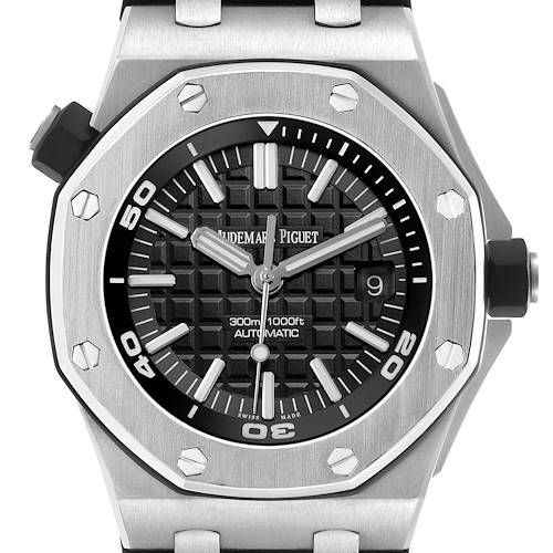 The Audemars Piguet Royal Oak Offshore 15703ST Men's Stainless Steel Black Dial watch is shown from a frontal angle, highlighting the dial, bezel, and case details.