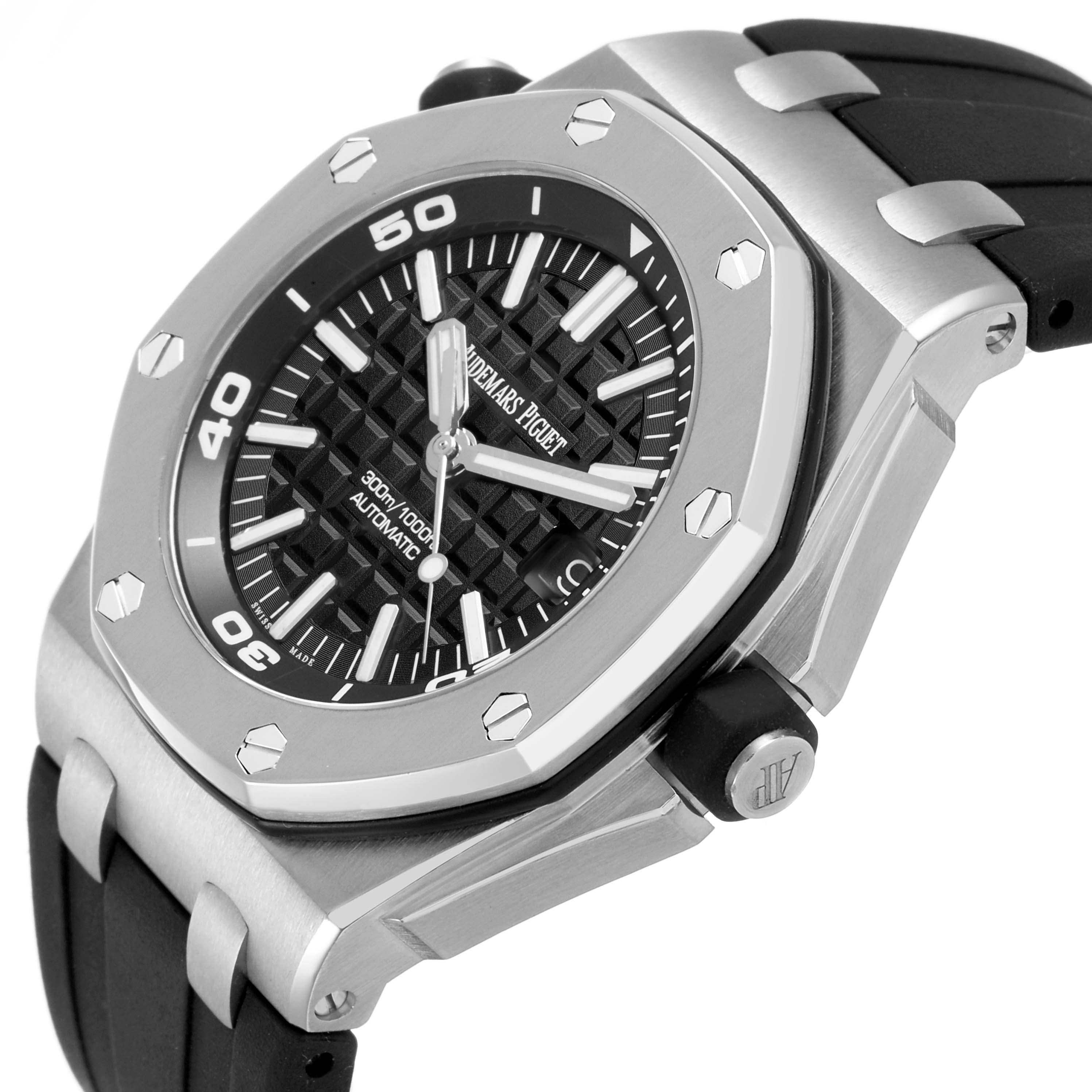 The Audemars Piguet Royal Oak Offshore 15703ST Men's Stainless Steel Black Dial watch is shown at an angle highlighting its dial, bezel, and strap connection.