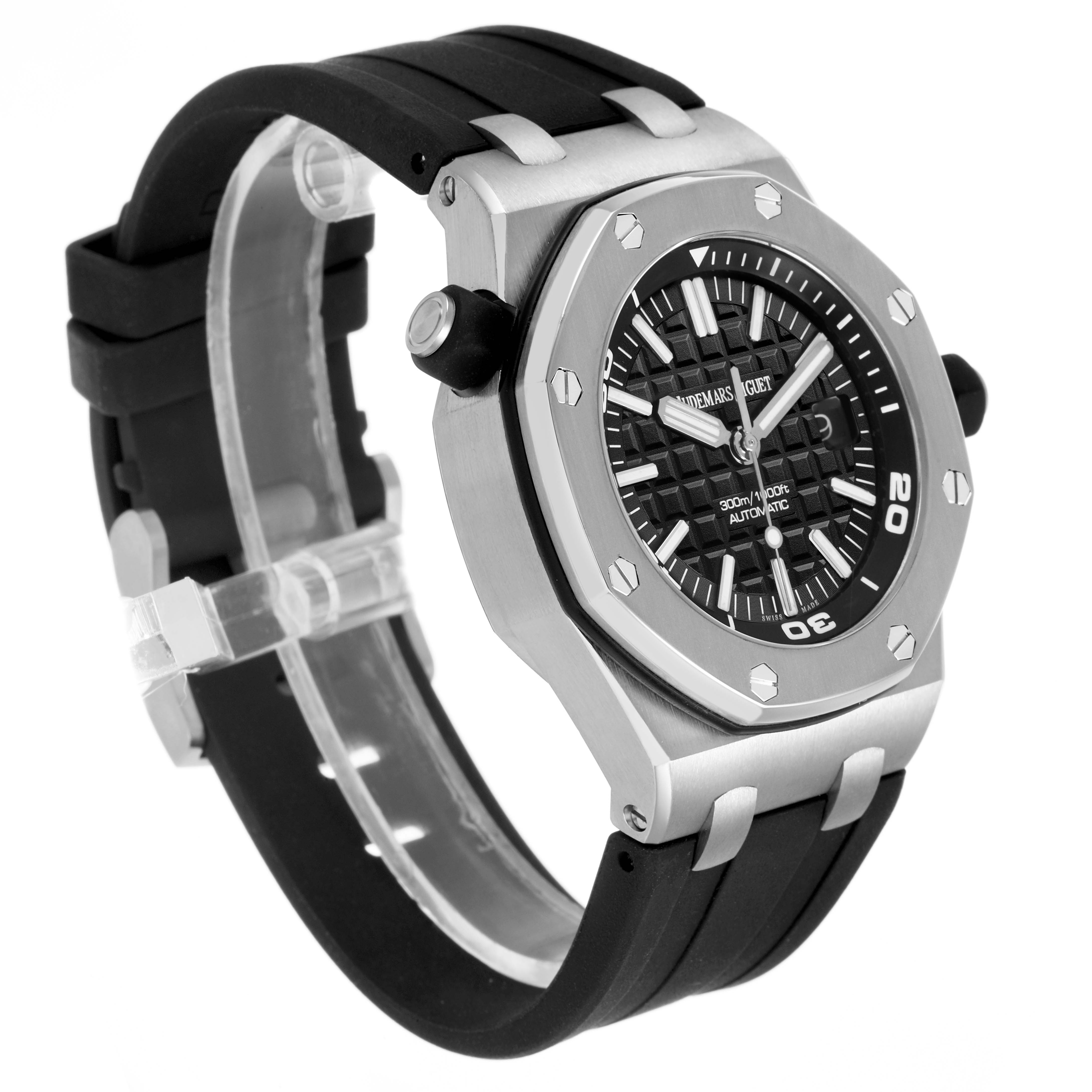 The Audemars Piguet Royal Oak Offshore 15703ST Men's Stainless Steel Black Dial is shown at a 3/4 angle, highlighting the case, bezel, dial, and strap.