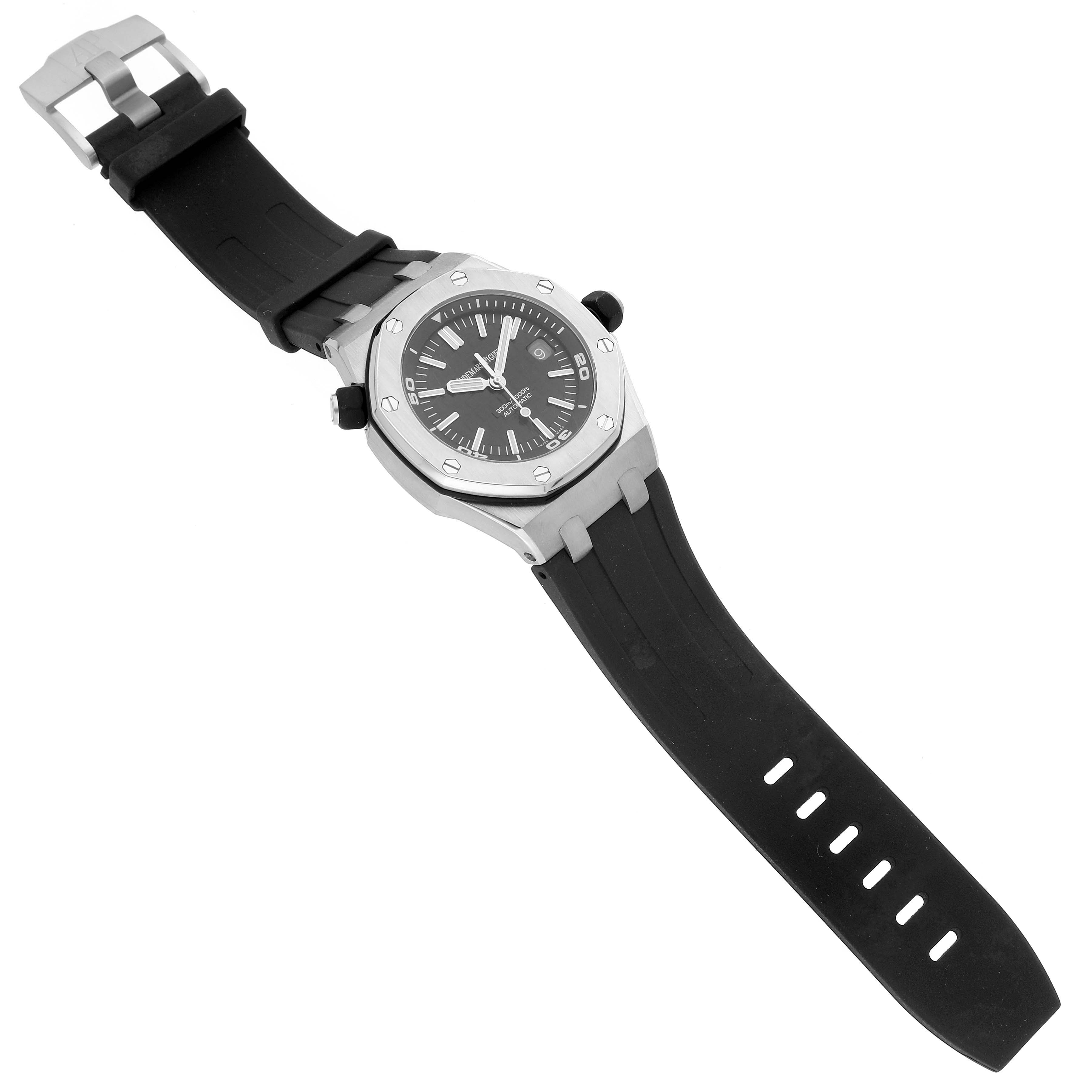 The Audemars Piguet Royal Oak Offshore 15703ST Men's Stainless Steel Black Dial watch is shown from a top angle, highlighting the face, bezel, and full rubber strap.