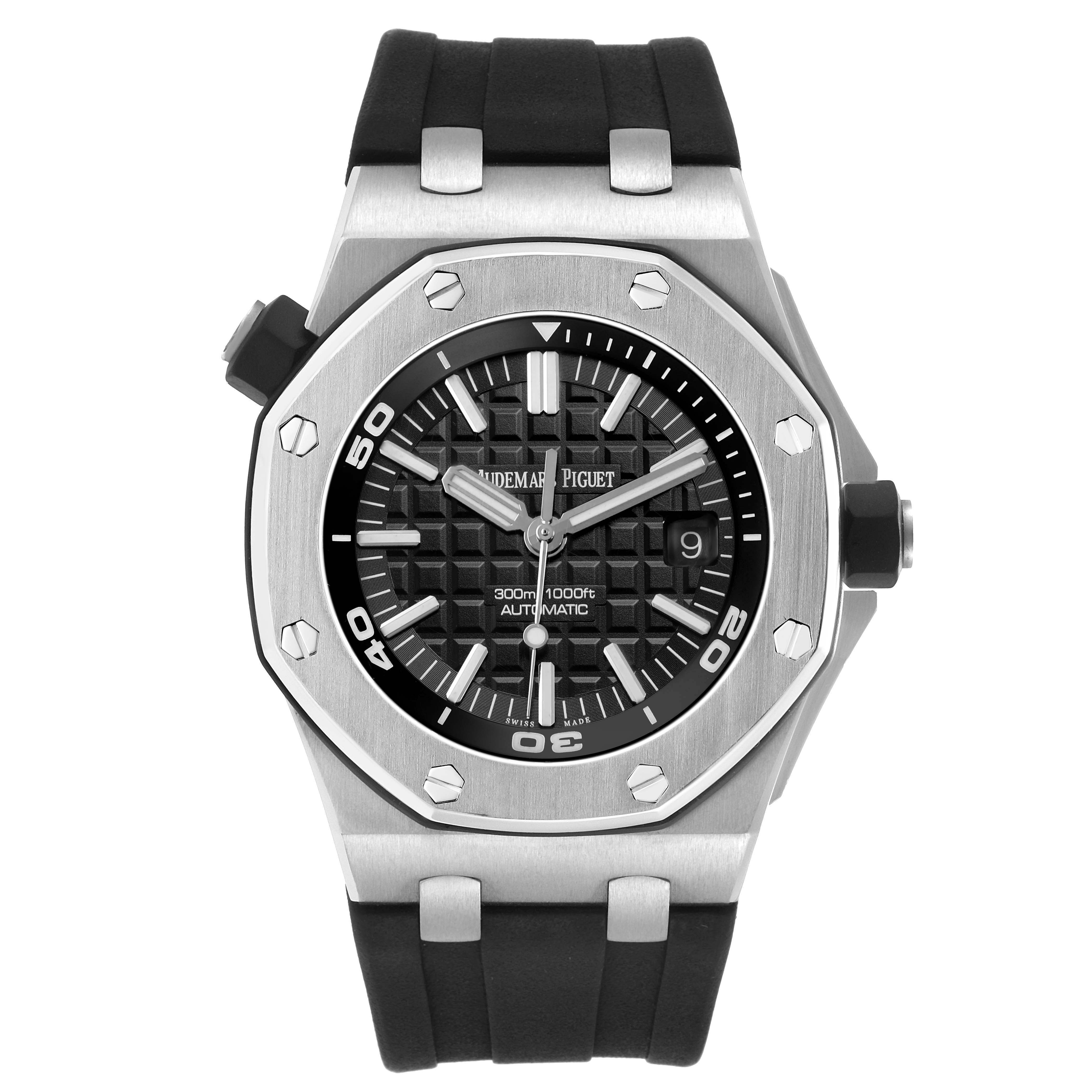 The Audemars Piguet Royal Oak Offshore 15703ST Men's Stainless Steel Black Dial watch is shown from a top-down angle, highlighting its dial, bezel, crown, and strap.