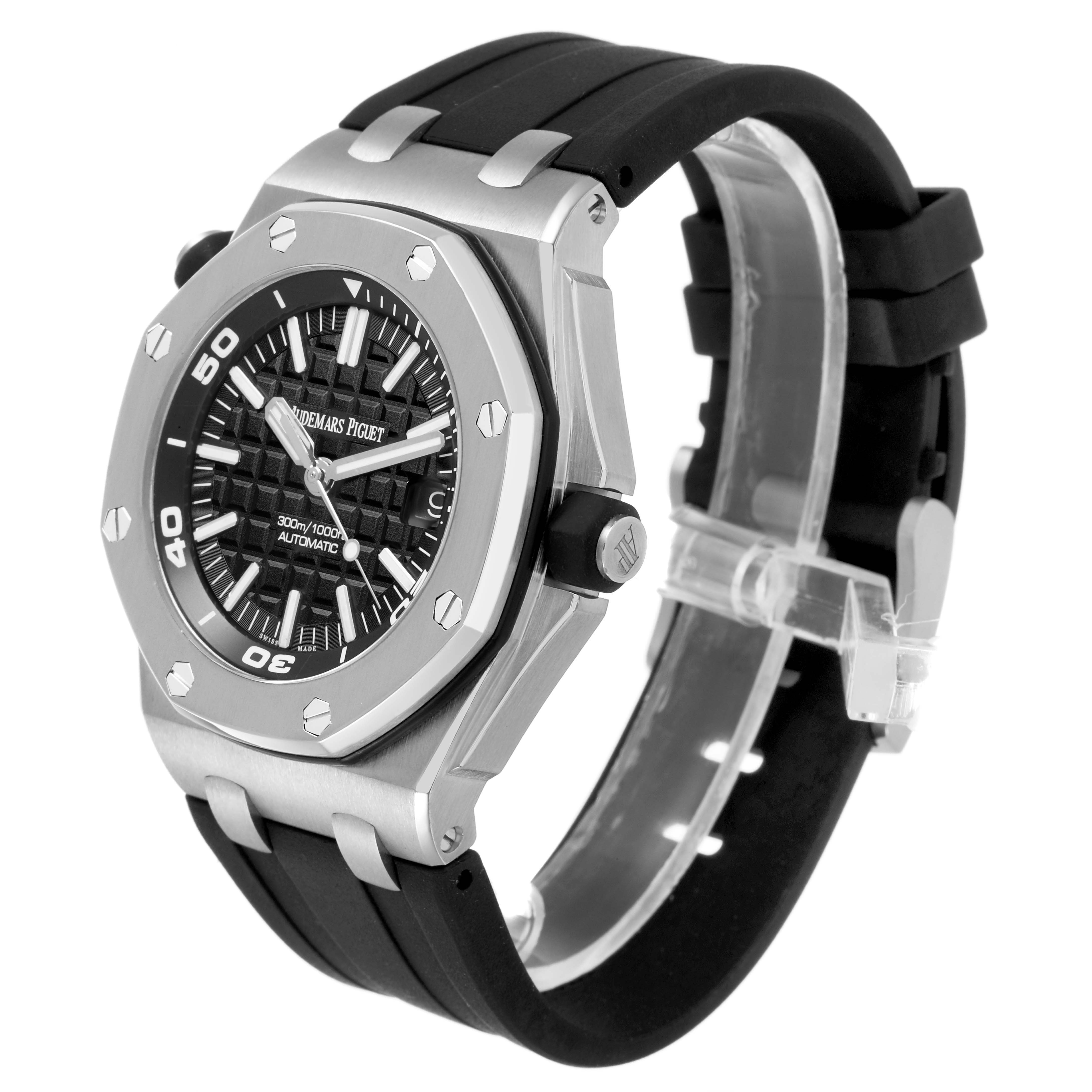 The image shows a Royal Oak Offshore by Audemars Piguet from a front angle, highlighting the bezel, dial, and rubber strap.