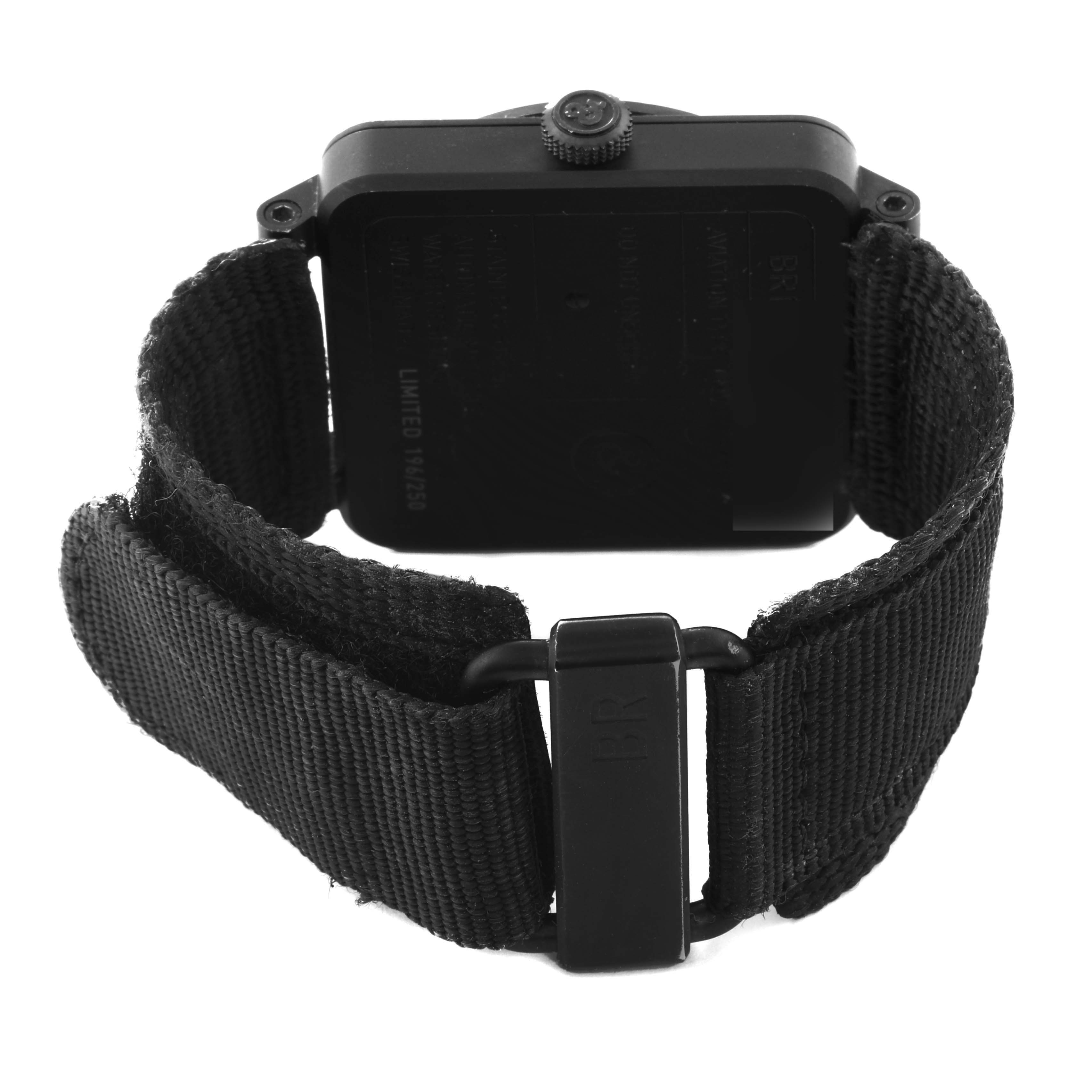 The image shows the back view of a Bell 
Ross Instruments BR03-92-S Men
s Stainless Steel Black Dial BR03-92-S Men
s Stainless Steel Black Dial model watch, highlighting the strap and case back.