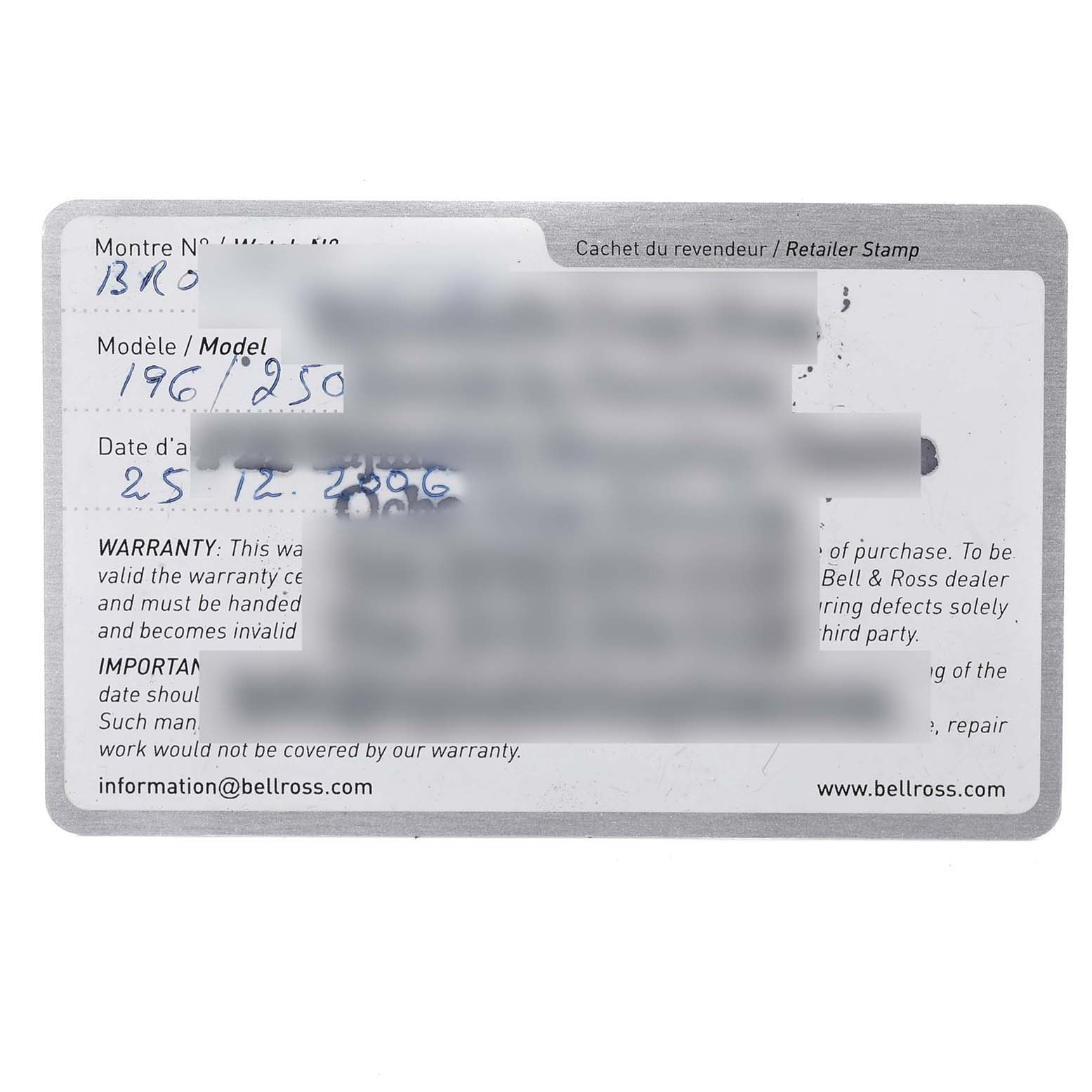 This image shows a face-up view of the warranty card for the Bell 
Ross Instruments BR03-92-S Men
s Stainless Steel Black Dial BR03-92-S Men
s Stainless Steel Black Dial model watch.