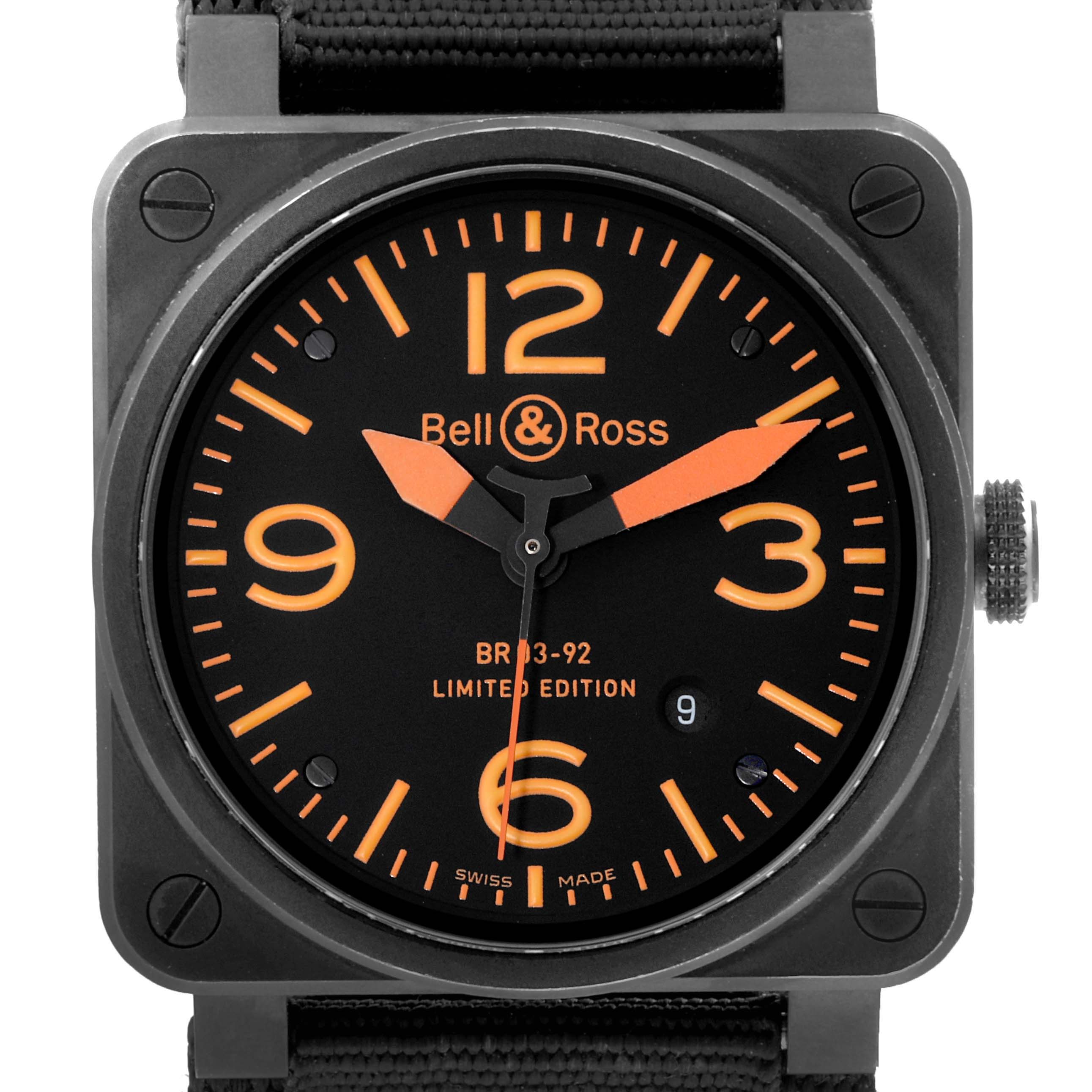 The image shows a front view of the Bell 
Ross Instruments BR03-92-S Men
s Stainless Steel Black Dial BR03-92-S Men
s Stainless Steel Black Dial BR03-92 watch, highlighting the face and time markers.