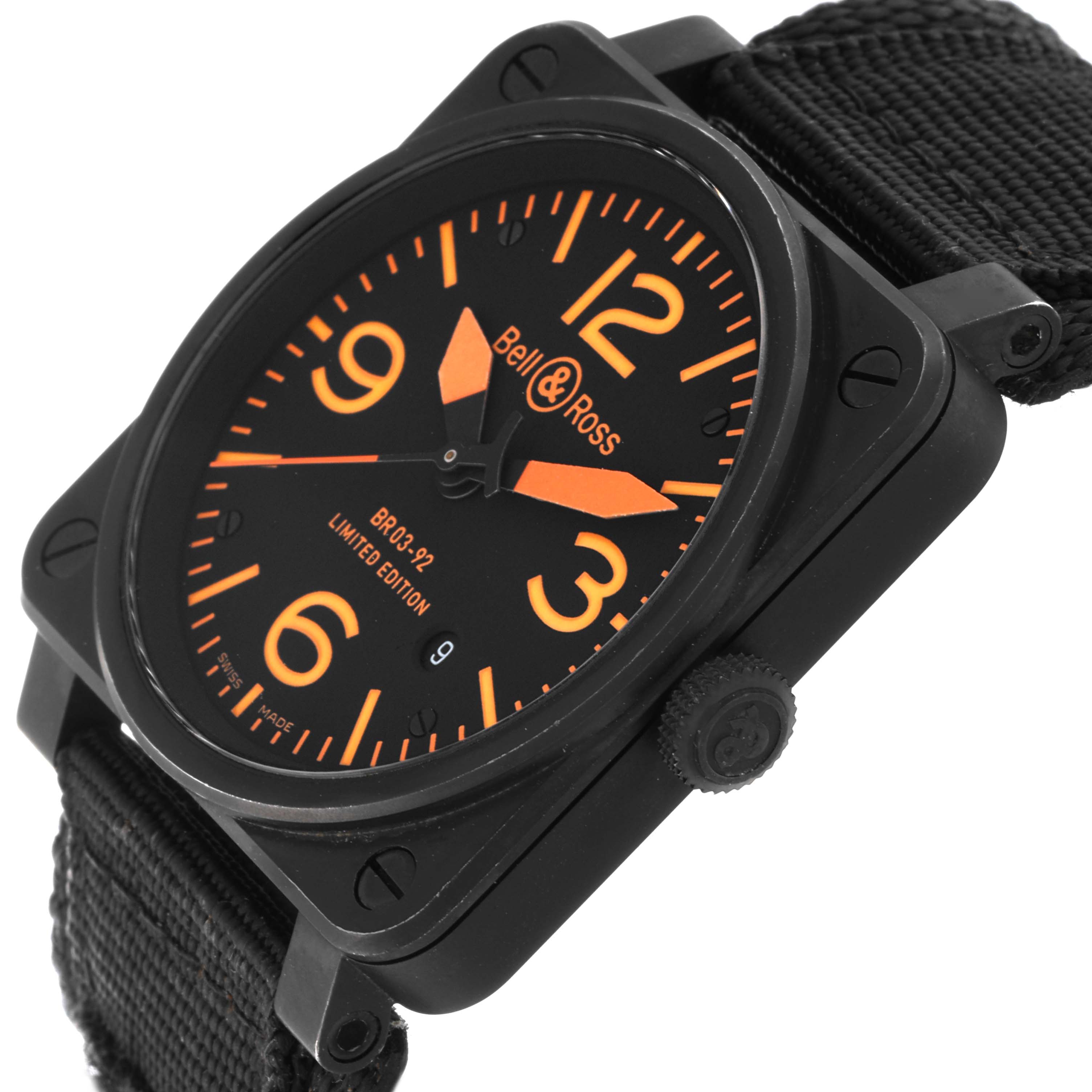 The image shows the front and right side of a Bell 
Ross Instruments BR03-92-S Men
s Stainless Steel Black Dial BR03-92-S Men
s Stainless Steel Black Dial BR03-92 watch, highlighting its face and crown.