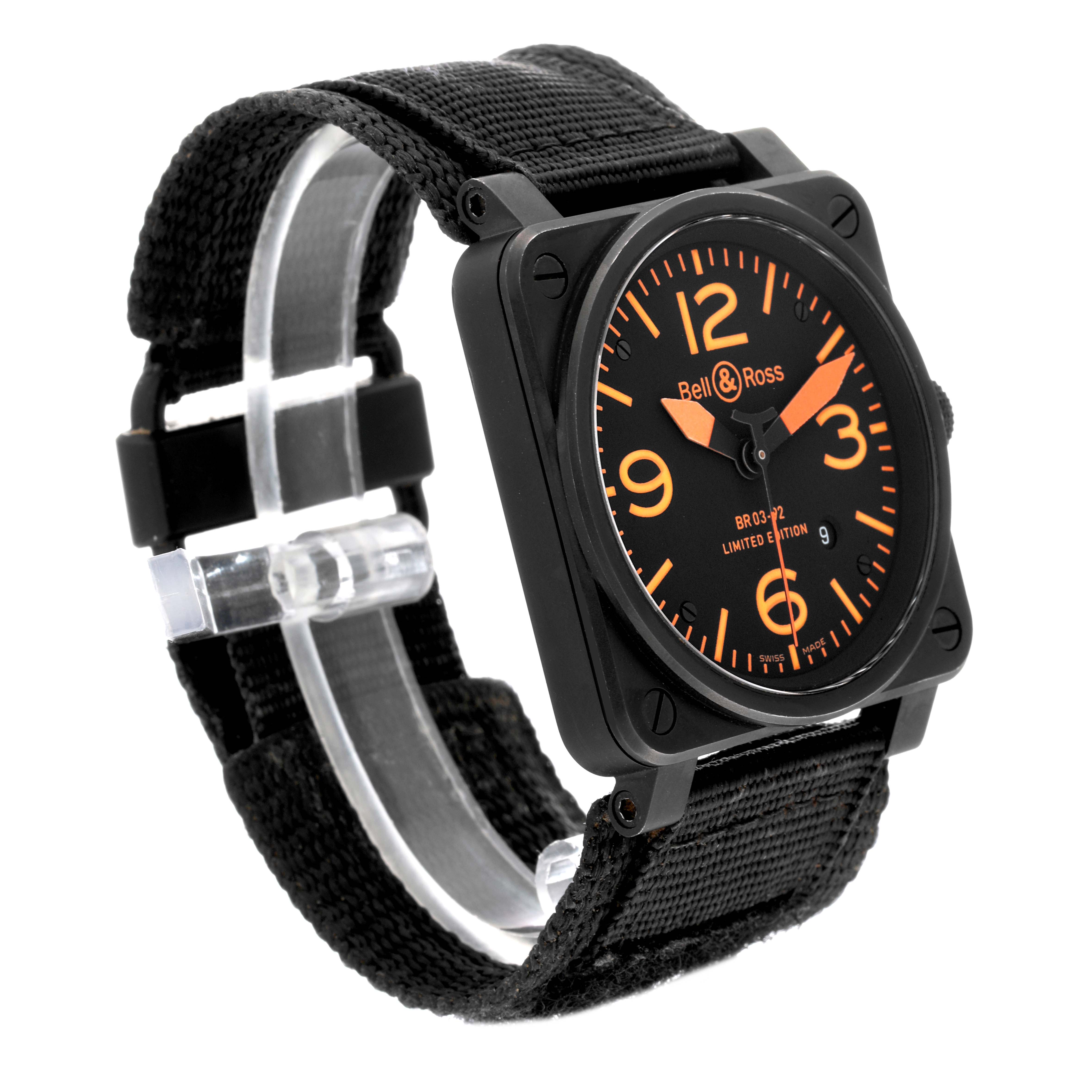 This image shows a Bell 
Ross Instruments BR03-92-S Men
s Stainless Steel Black Dial BR03-92-S Men
s Stainless Steel Black Dial model watch at a slight side angle, highlighting the face, strap, and bezel.