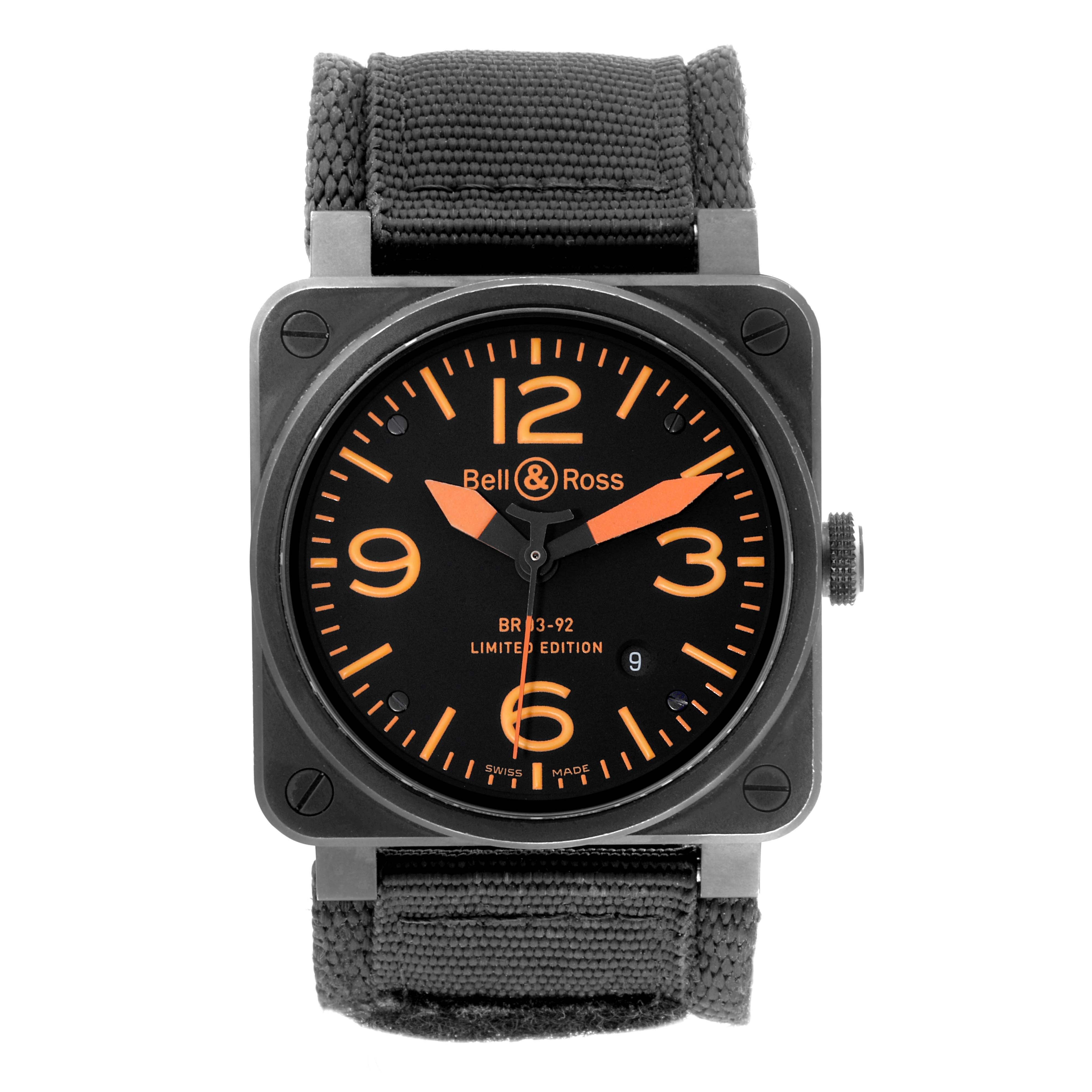 The image shows a front view of the Bell 
Ross Instruments BR03-92-S Men
s Stainless Steel Black Dial BR03-92-S Men
s Stainless Steel Black Dial model watch, highlighting its dial, hands, and strap.