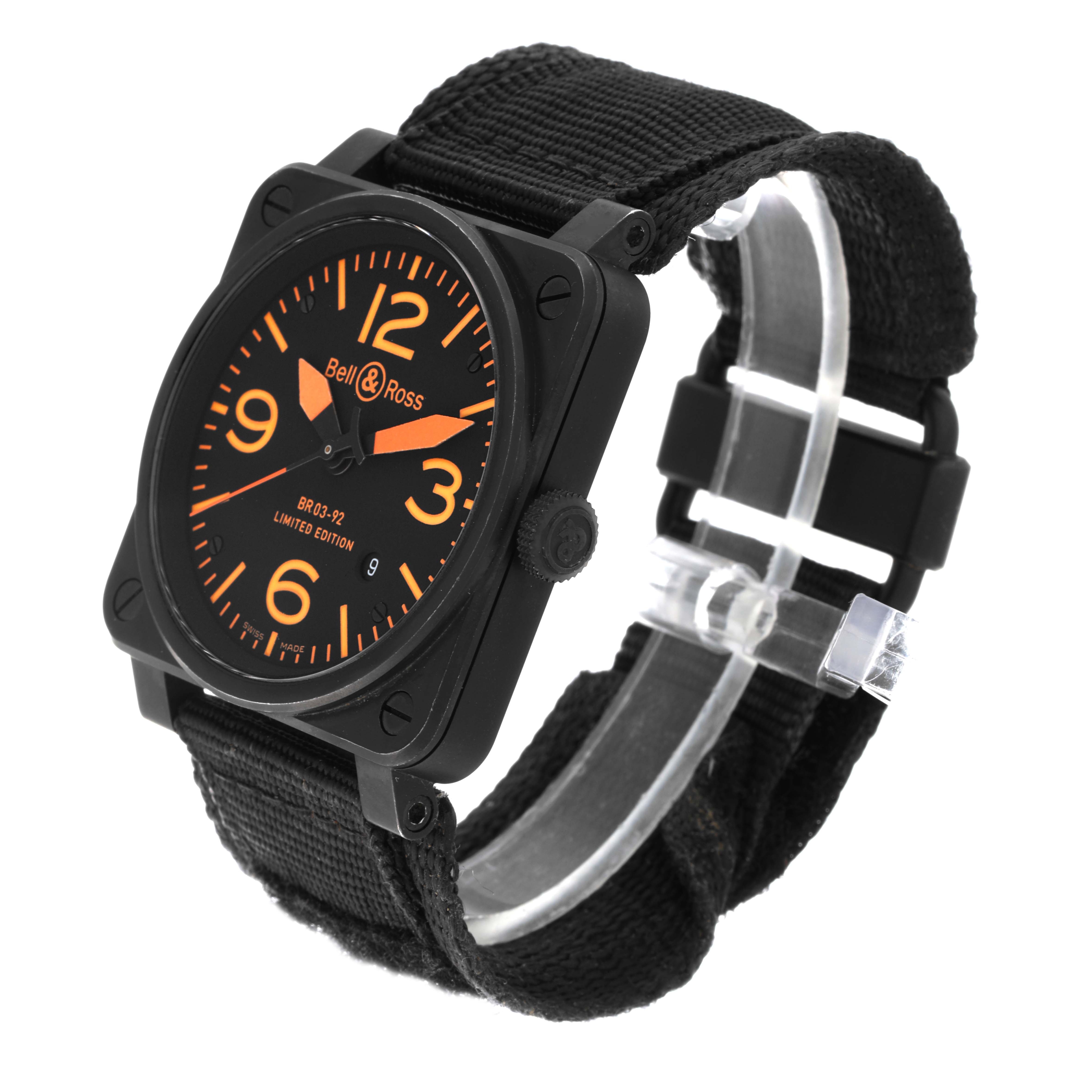 The angled view shows the face and strap of the Bell 
Ross Instruments BR03-92-S Men
s Stainless Steel Black Dial BR03-92-S Men
s Stainless Steel Black Dial model watch clearly.