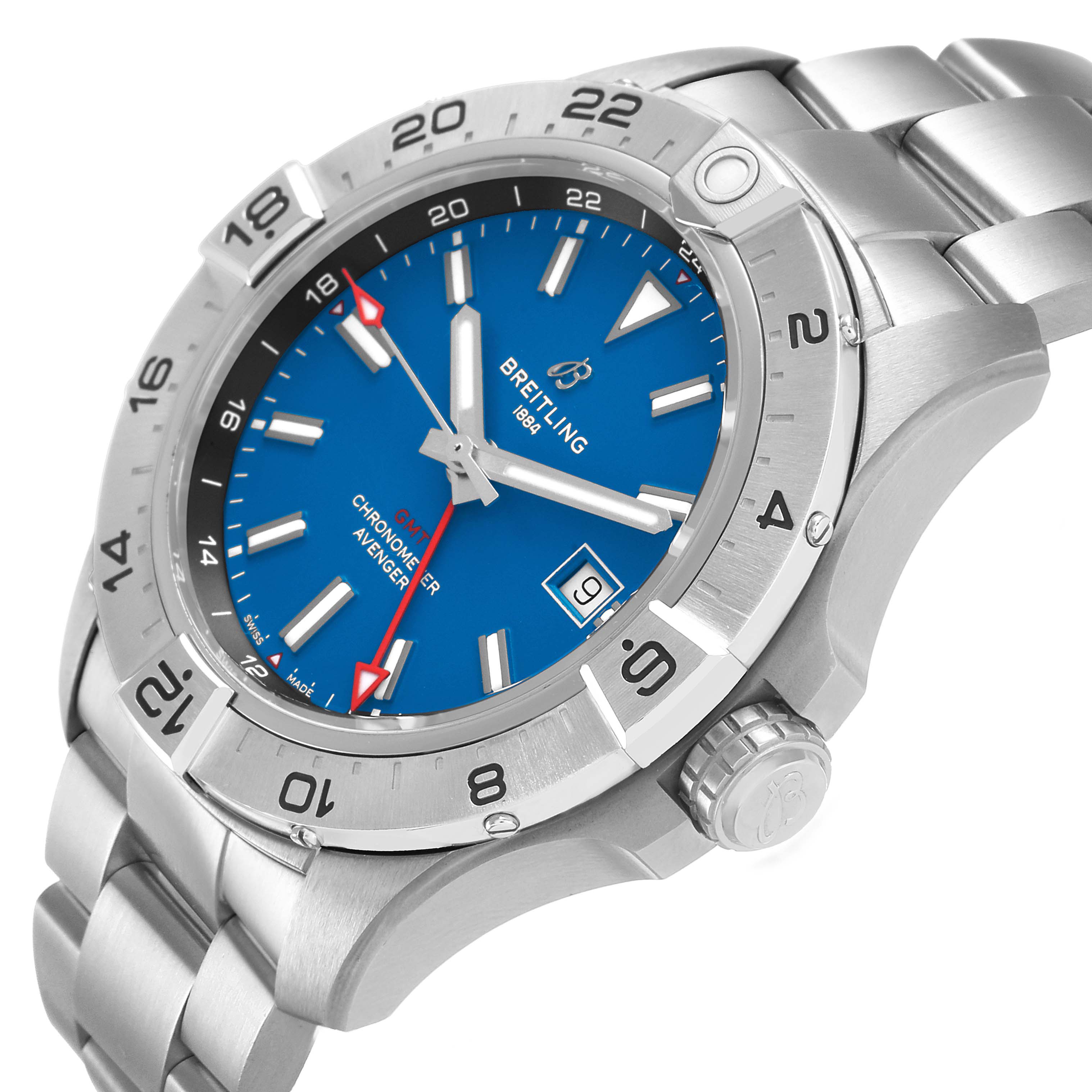 The Breitling Avenger A32320 Men's Stainless Steel Blue Dial watch is shown at a three-quarter angle, highlighting the bezel, dial, bracelet, and crown.