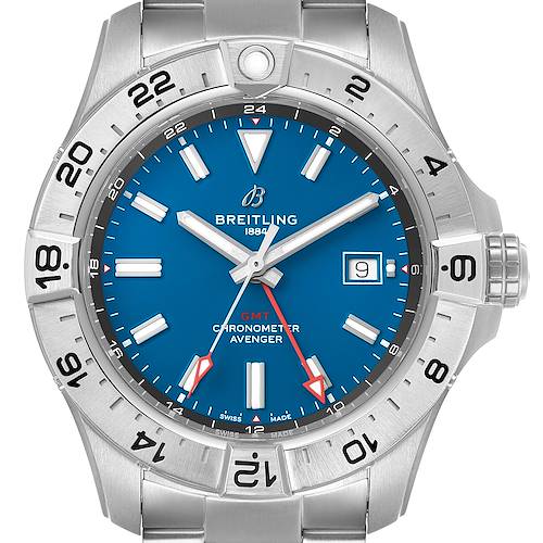 The Breitling Avenger A32320 Men's Stainless Steel Blue Dial watch is shown from a front angle, highlighting the dial, bezel, and partial bracelet.