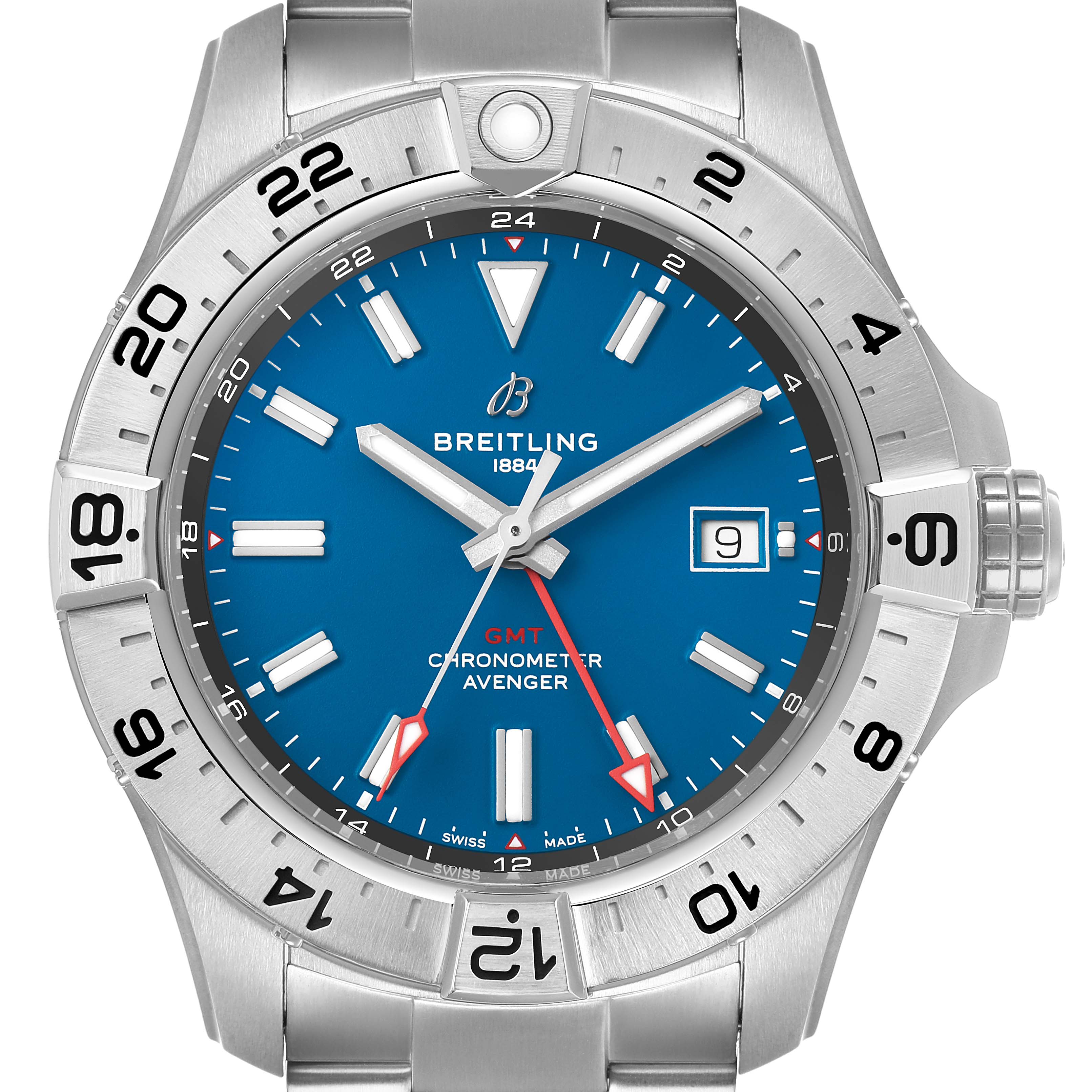 The image shows a front view of the Breitling Avenger A32320 Men's Stainless Steel Blue Dial watch, highlighting its blue dial, bezel, and bracelet.