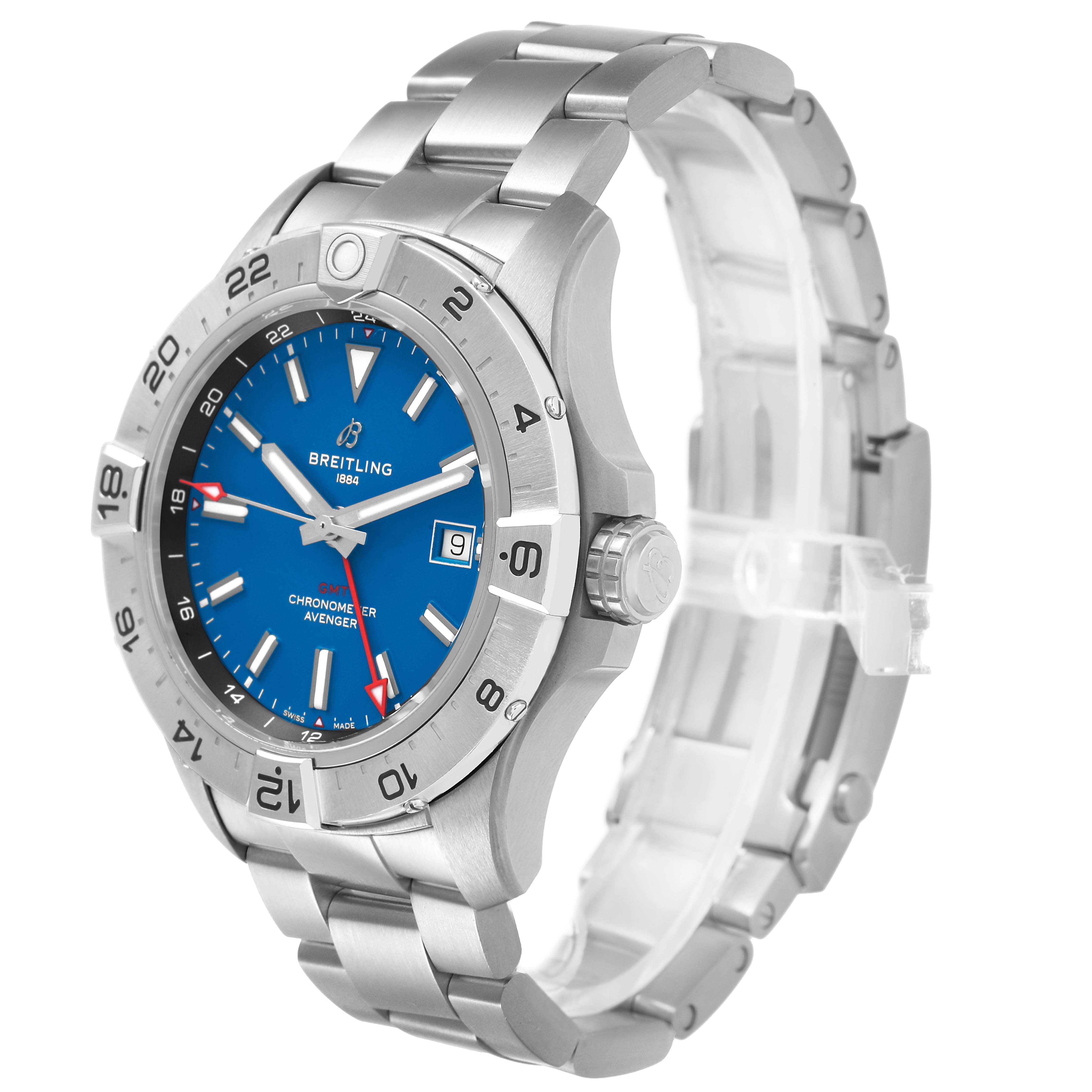 The Breitling Avenger A32320 Men's Stainless Steel Blue Dial watch is shown at a three-quarter angle, highlighting its bezel, bracelet, and blue dial.